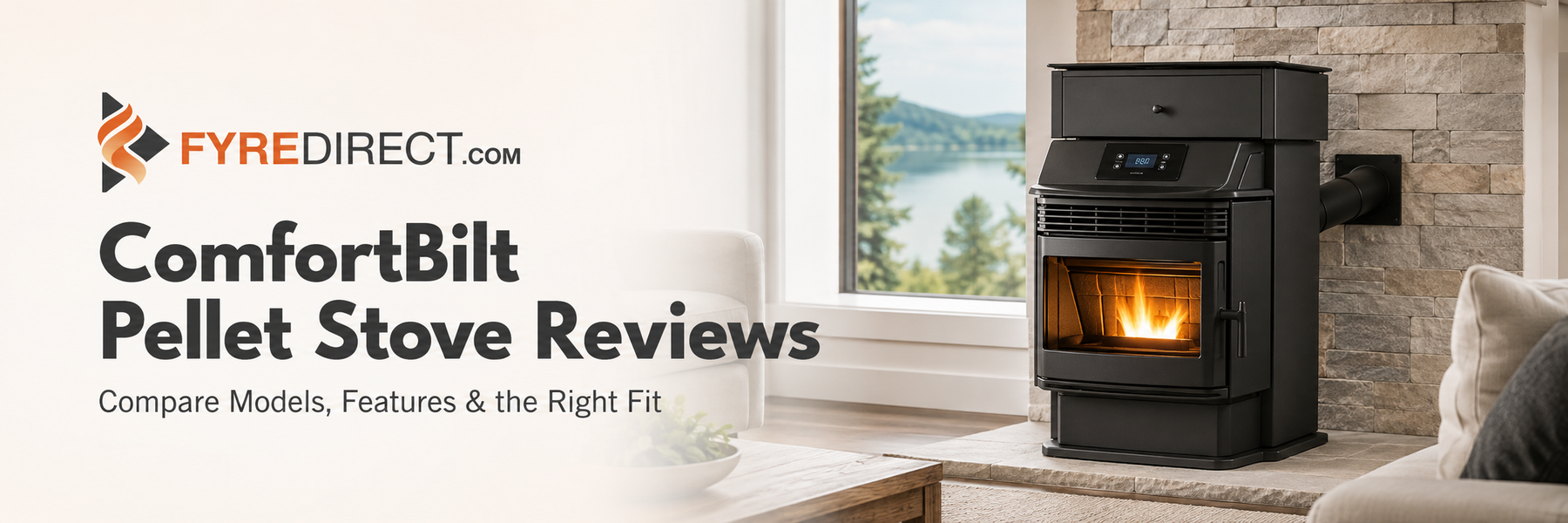 ComfortBilt pellet stove in a modern living room – FYRE Direct model comparison guide