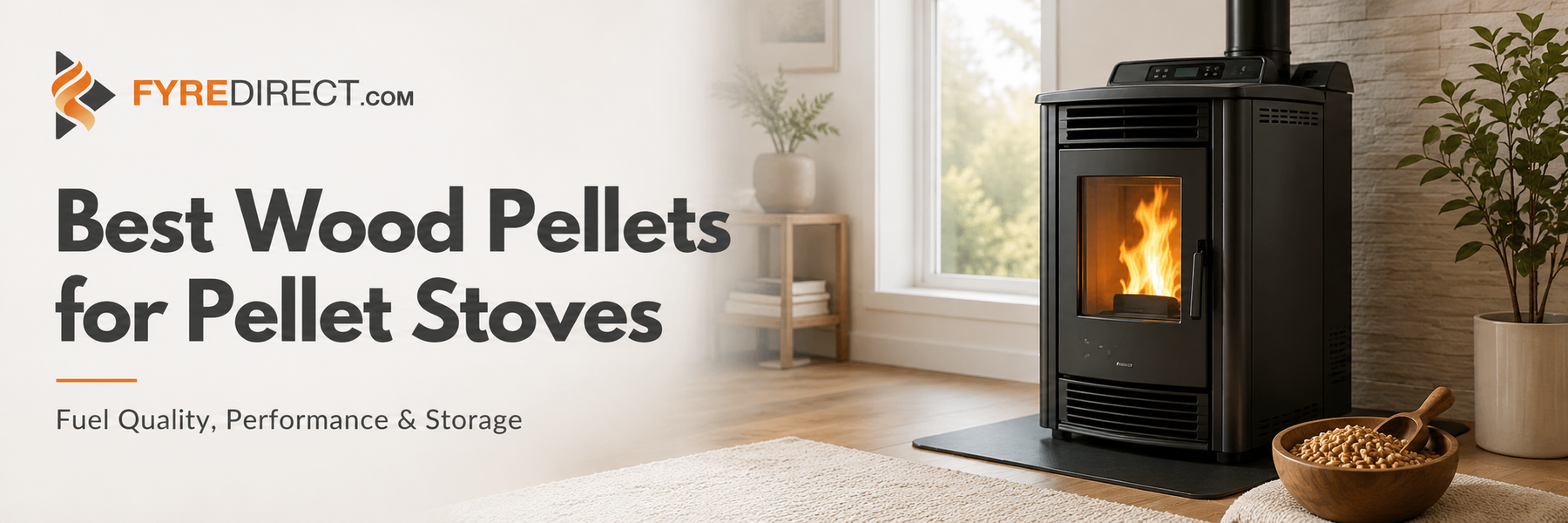 Wood pellets and a pellet stove in a modern home – FYRE Direct fuel buying guide