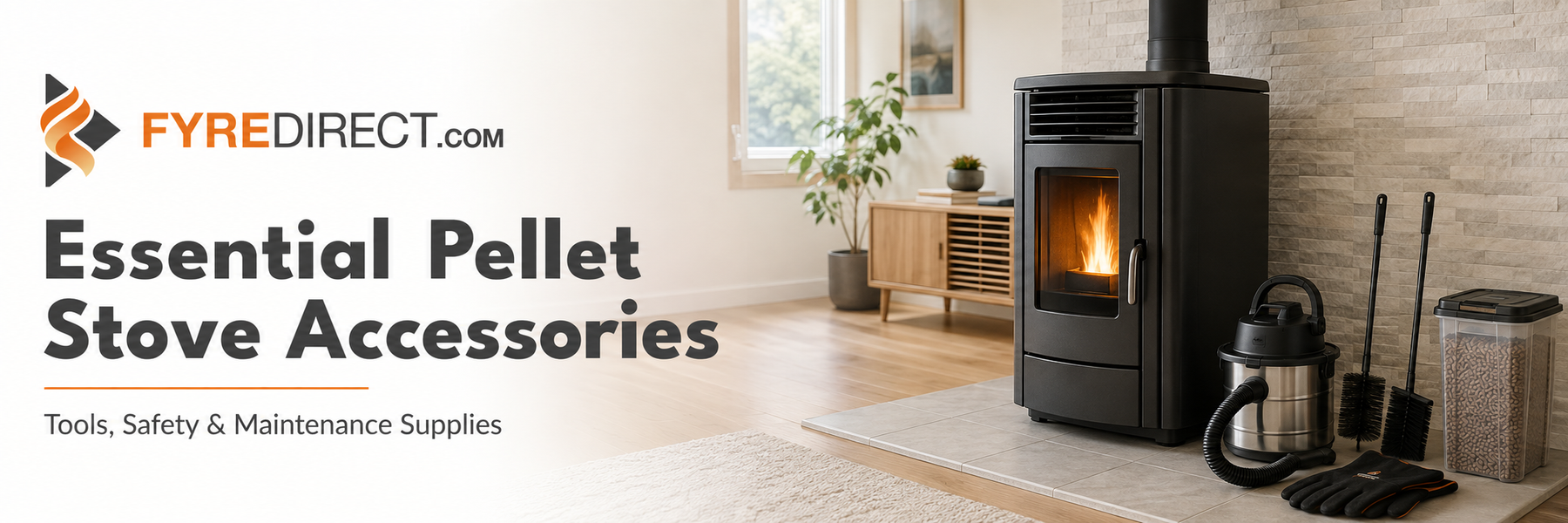 Pellet stove with ash vacuum, cleaning brushes, gloves and stored wood pellets – FYRE Direct accessory guide