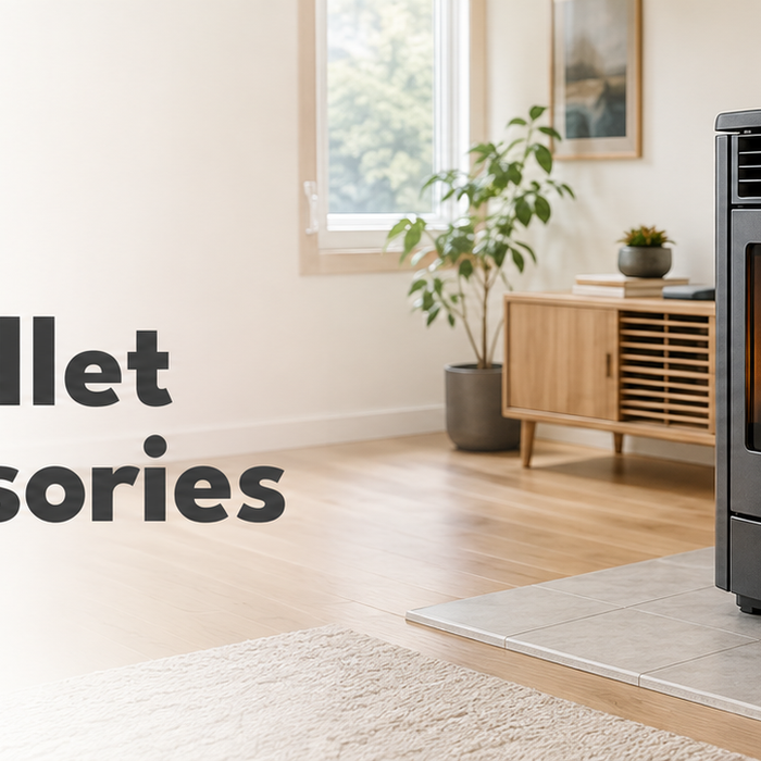 Pellet stove with ash vacuum, cleaning brushes, gloves and stored wood pellets – FYRE Direct accessory guide