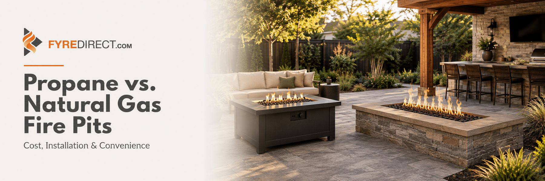 Propane and natural-gas fire pits compared in a modern outdoor patio setting