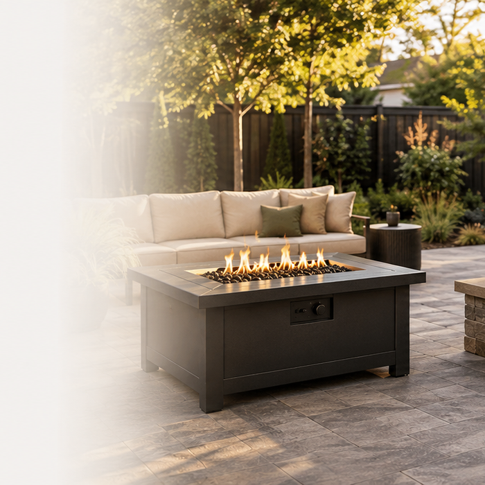 Propane and natural-gas fire pits compared in a modern outdoor patio setting