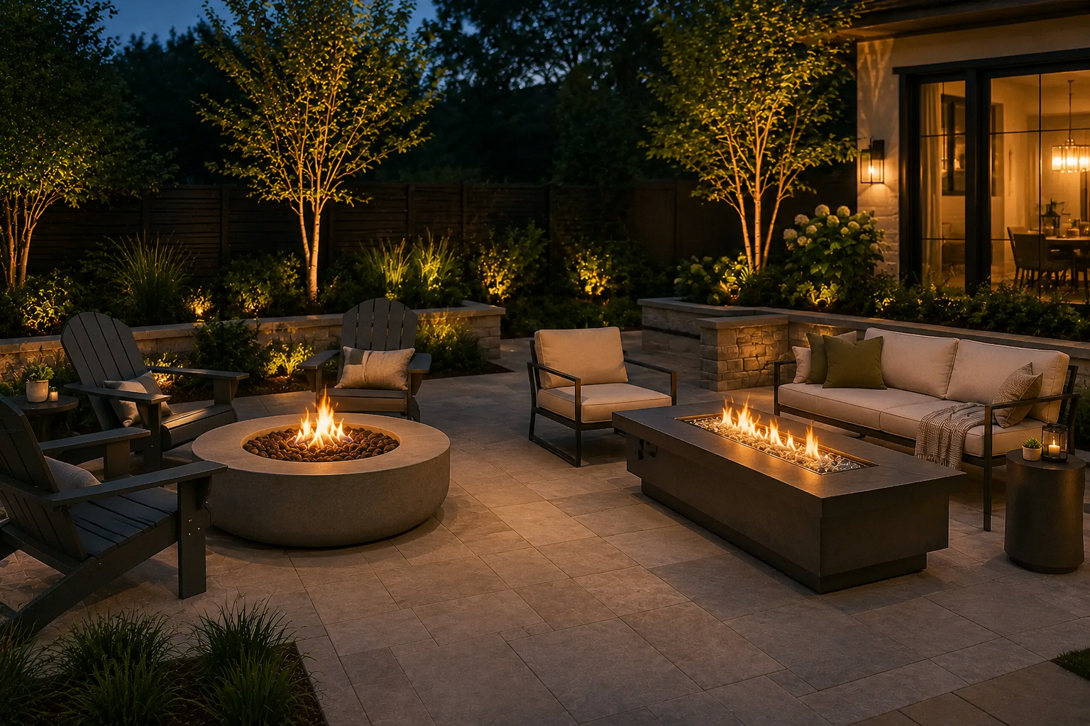 Round fire pit and rectangular fire table shown with seating on a modern outdoor patio.