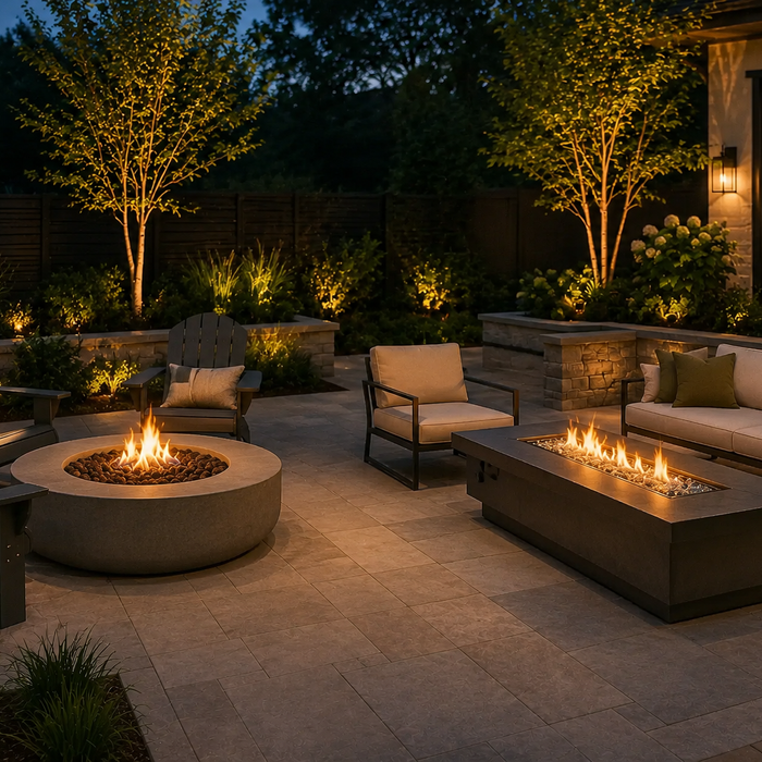 Round fire pit and rectangular fire table shown with seating on a modern outdoor patio.