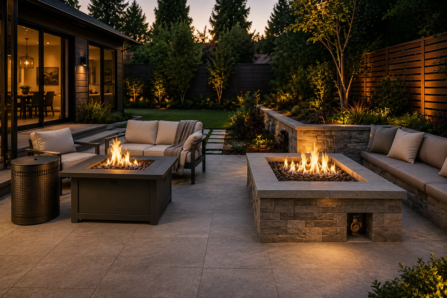 Freestanding propane fire table and permanent natural-gas fire pit compared on a modern patio.