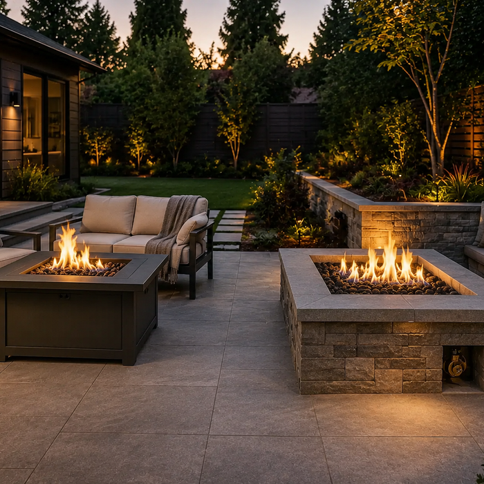 Freestanding propane fire table and permanent natural-gas fire pit compared on a modern patio.