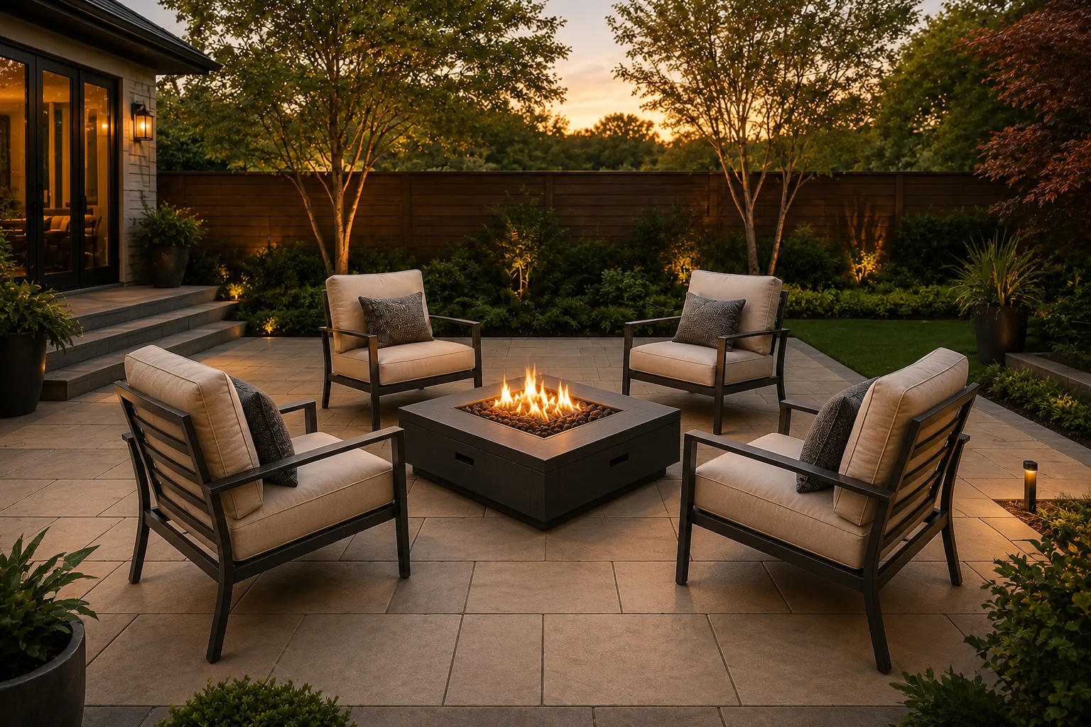 Four patio chairs arranged around a square gas fire pit with comfortable seating and circulation space.
