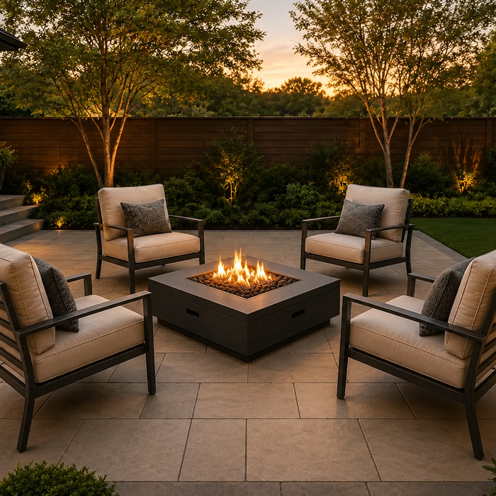 Four patio chairs arranged around a square gas fire pit with comfortable seating and circulation space.