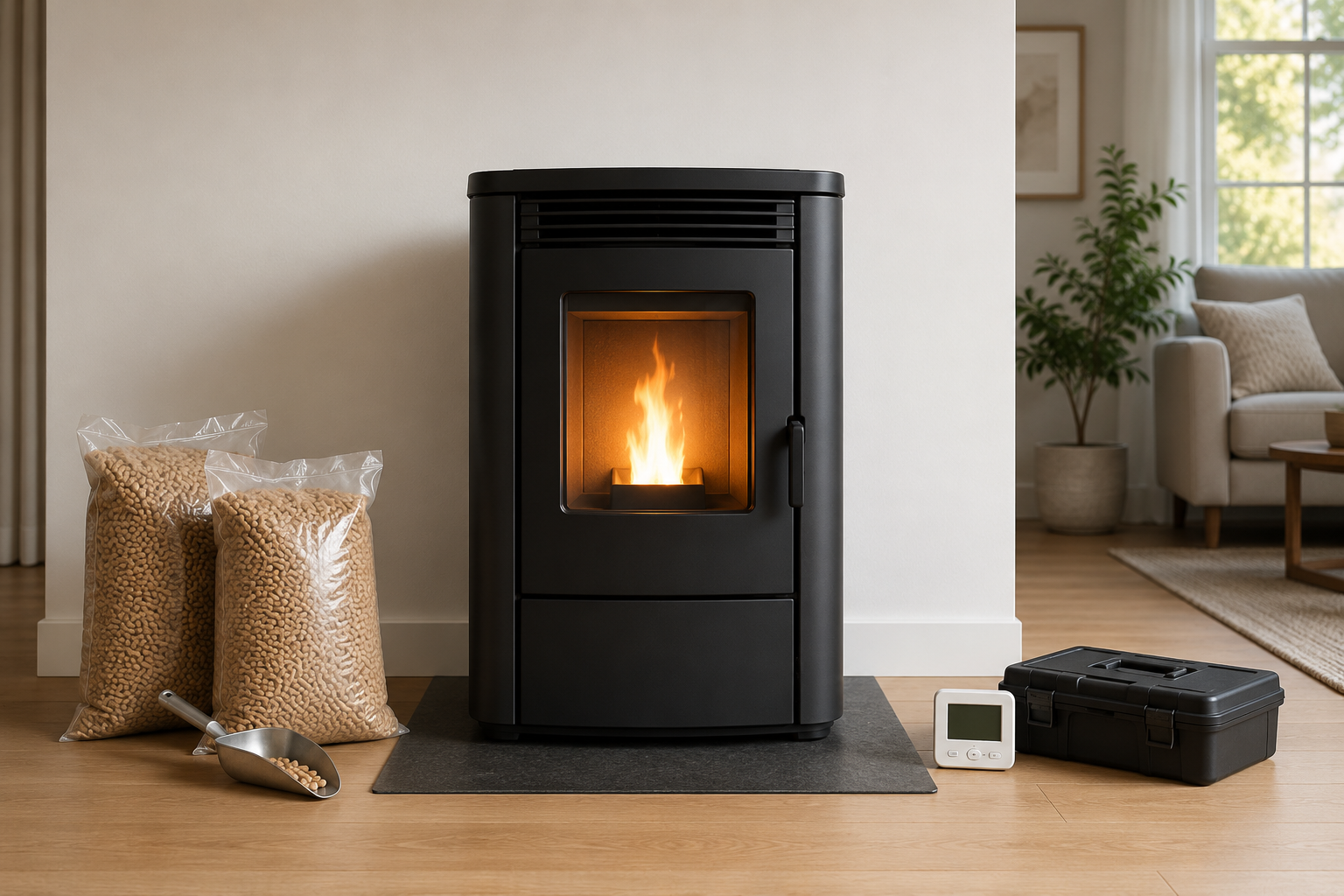 Pellet stove with bags of wood pellets, a pellet scoop, thermostat and service tool case representing ownership costs.