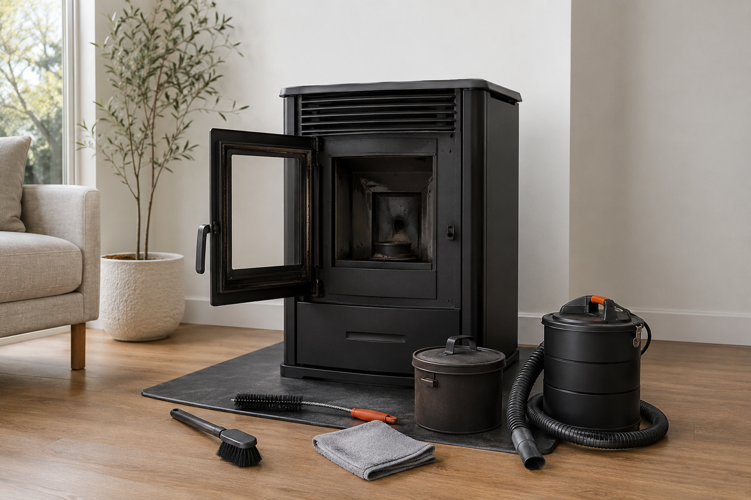 Cool pellet stove with its door open beside an ash vacuum, cleaning brushes, ash container and cloth.