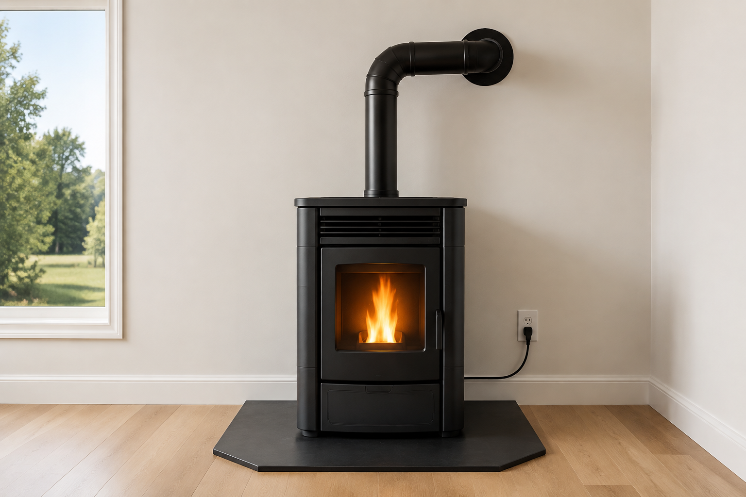 Pellet stove installed on a hearth pad with a wall vent, finished thimble and nearby electrical outlet.