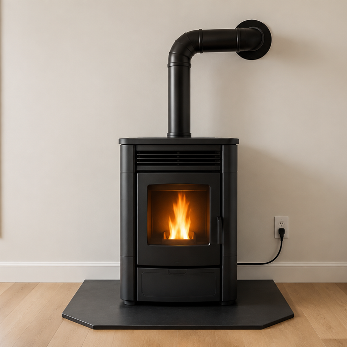 Pellet stove installed on a hearth pad with a wall vent, finished thimble and nearby electrical outlet.