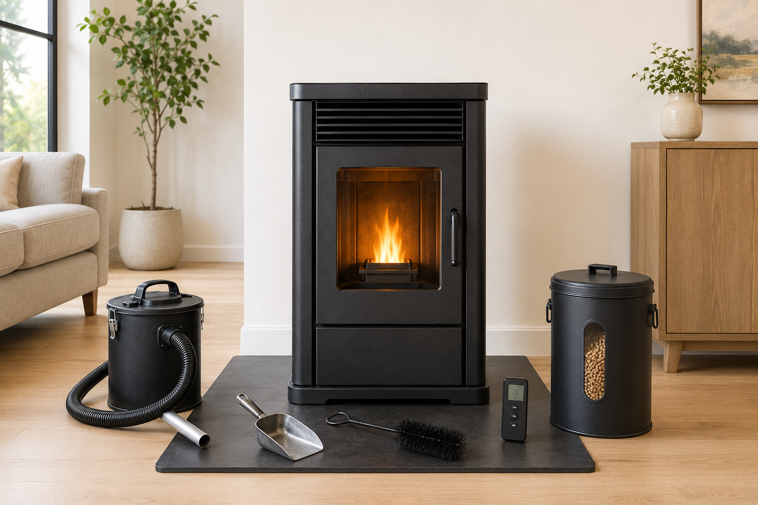 Pellet stove with an ash vacuum, pellet-storage container, scoop, cleaning brush, remote and protective hearth pad.