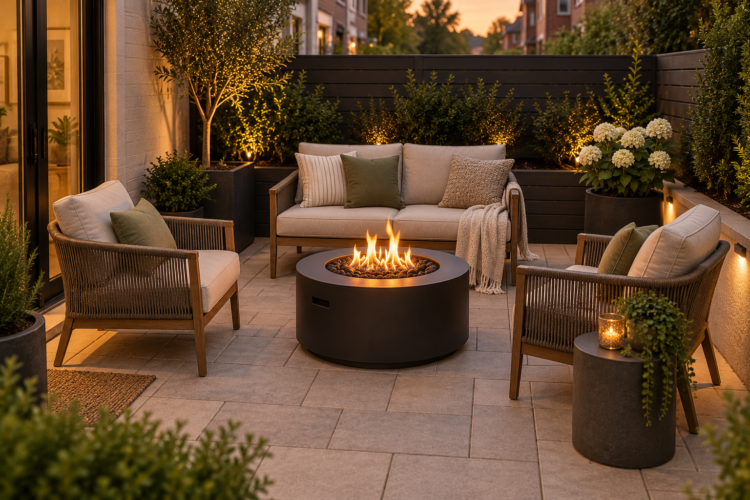 Compact gas fire pit with two chairs and a loveseat arranged on a small modern patio.