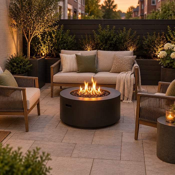 Compact gas fire pit with two chairs and a loveseat arranged on a small modern patio.