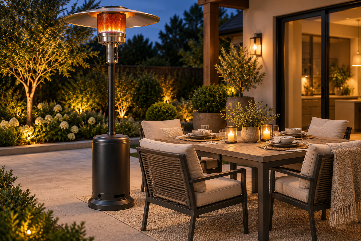 Freestanding propane patio heater beside a four-seat outdoor dining table on a modern patio.