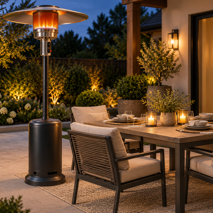 Freestanding propane patio heater beside a four-seat outdoor dining table on a modern patio.