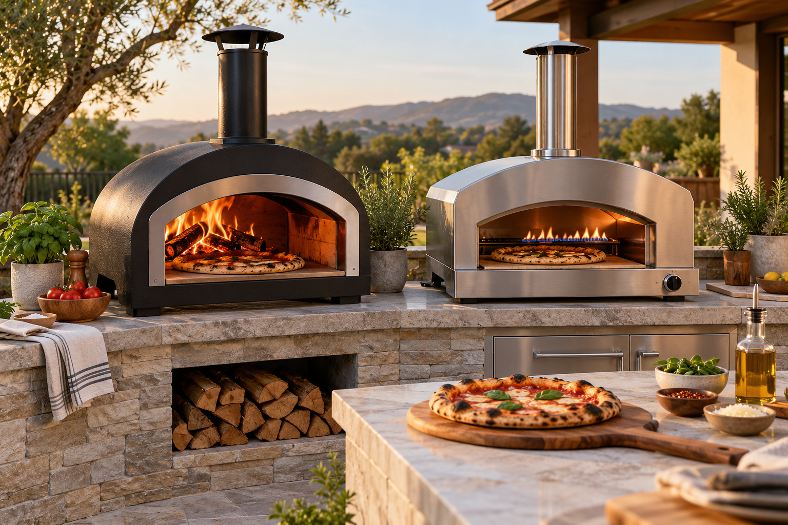 Wood-fired and gas pizza ovens cooking pizzas in a modern outdoor kitchen.