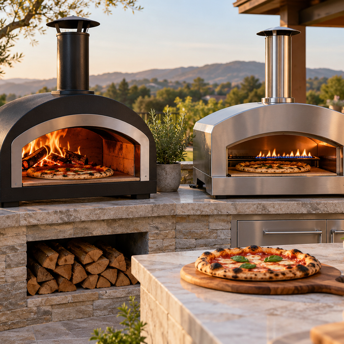 Wood-fired and gas pizza ovens cooking pizzas in a modern outdoor kitchen.