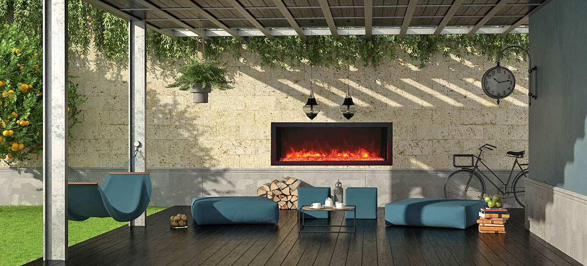 Remii electric fireplace on an outdoor patio at dusk