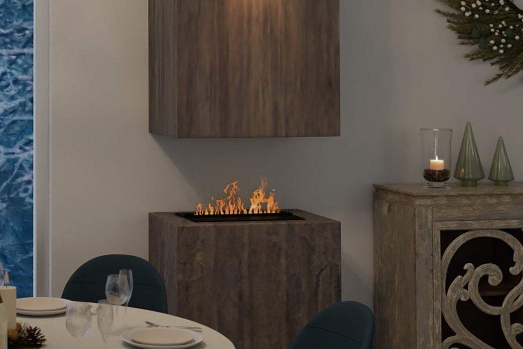 Dimplex Optimyst RGB Cassette built into a dining room feature wall