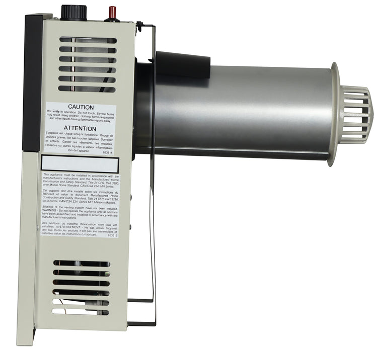 Ashley Hearth DVAG11N 11,000 BTU direct vent natural gas wall heater — left side view showing the direct vent pipe