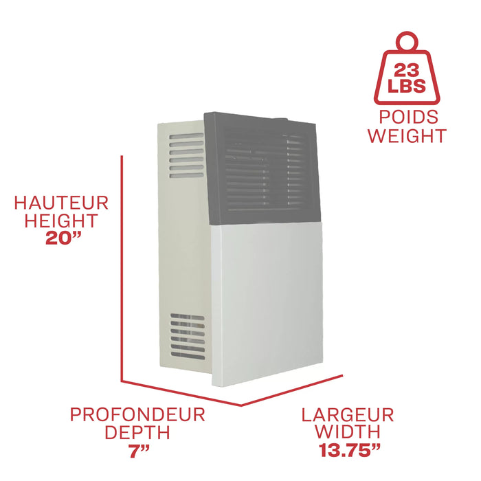 Ashley Hearth DVAG8N 8,000 BTU direct vent natural gas wall heater dimension diagram with height, width and depth measurements