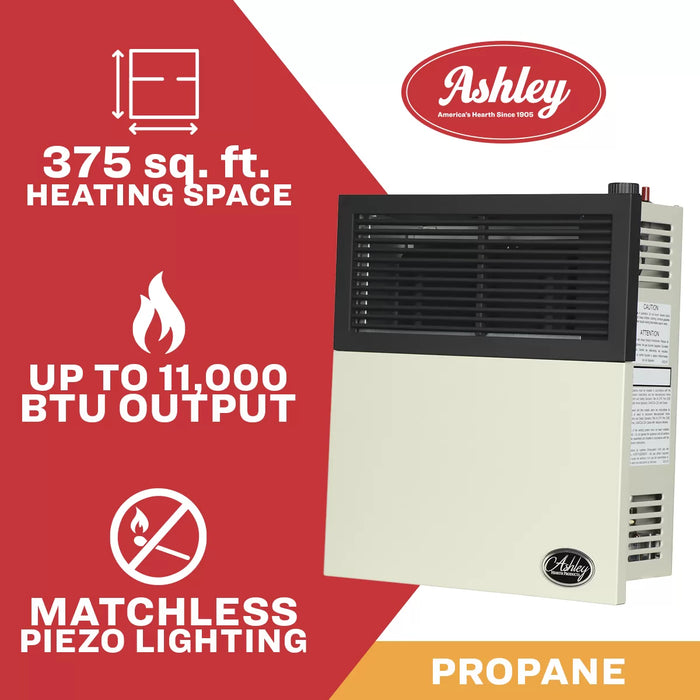 Ashley Hearth DVAG11L 11,000 BTU direct vent propane wall heater — heats up to 375 sq ft, no electricity required