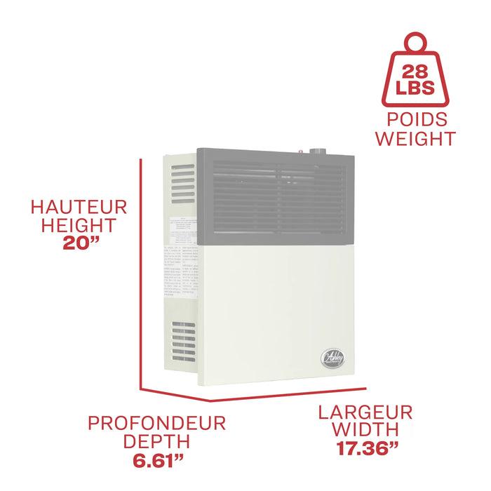 Ashley Hearth DVAG11N 11,000 BTU direct vent natural gas wall heater dimension diagram with height, width and depth measurements