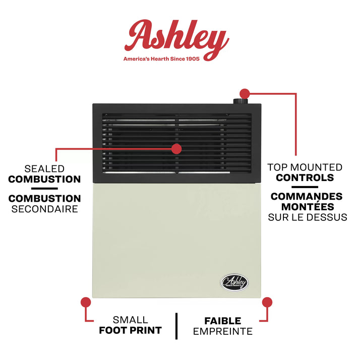 Ashley Hearth DVAG11N 11,000 BTU direct vent natural gas wall heater feature overview: matchless igniter, top mounted temperature control, sealed combustion system and included venting kit