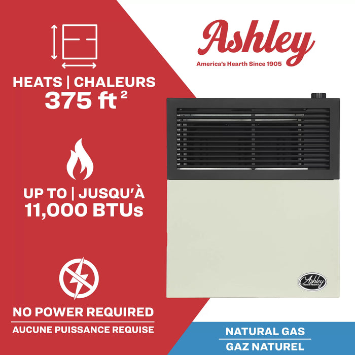 Ashley Hearth DVAG11N 11,000 BTU direct vent natural gas wall heater — heats up to 375 sq ft, no electricity required