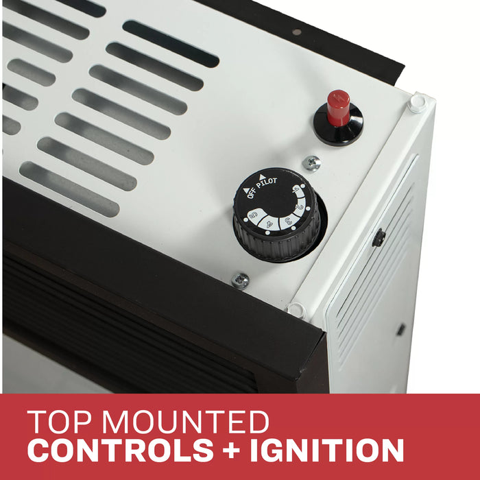 Top mounted control knob and matchless piezo igniter on the Ashley Hearth DVAG11-DF 11,000 BTU direct vent dual fuel wall heater