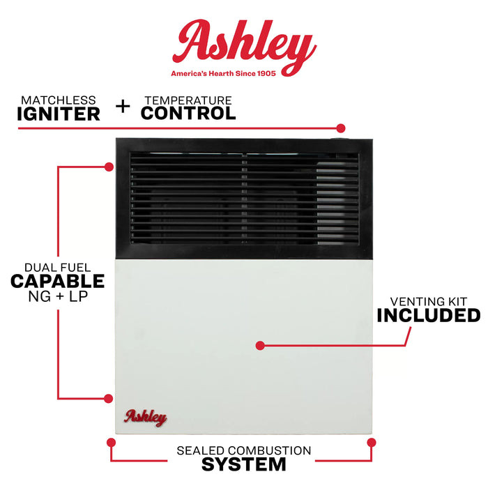 Ashley Hearth DVAG11-DF 11,000 BTU direct vent dual fuel wall heater feature overview: matchless igniter, top mounted temperature control, sealed combustion system and included venting kit