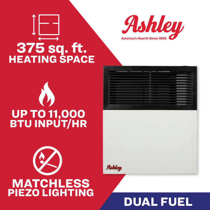 Ashley Hearth DVAG11-DF 11,000 BTU direct vent dual fuel wall heater — heats up to 375 sq ft, no electricity required