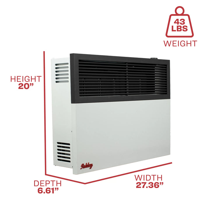 Ashley Hearth DVAG17-DF 17,000 BTU direct vent dual fuel wall heater dimension diagram with height, width and depth measurements