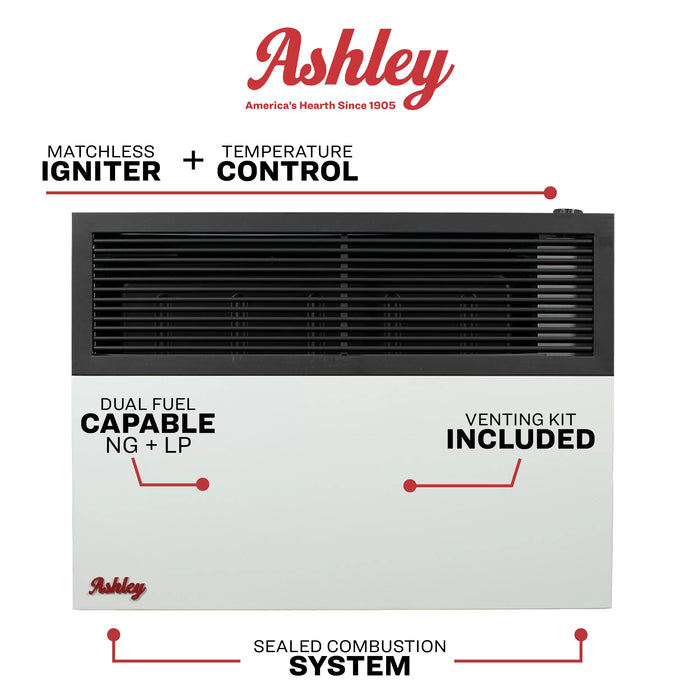 Ashley Hearth DVAG17-DF 17,000 BTU direct vent dual fuel wall heater feature overview: matchless igniter, top mounted temperature control, sealed combustion system and included venting kit