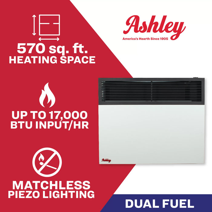 Ashley Hearth DVAG17-DF 17,000 BTU direct vent dual fuel wall heater — heats up to 570 sq ft, no electricity required