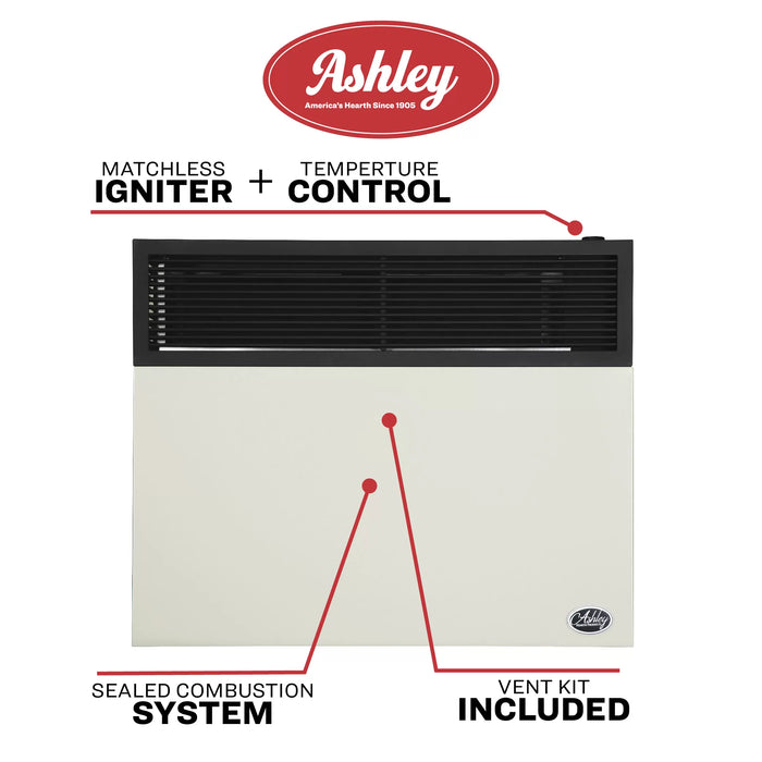Ashley Hearth DVAG17L 17,000 BTU direct vent propane wall heater feature overview: matchless igniter, top mounted temperature control, sealed combustion system and included venting kit