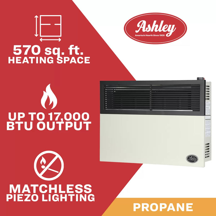 Ashley Hearth DVAG17L 17,000 BTU direct vent propane wall heater — heats up to 570 sq ft, no electricity required