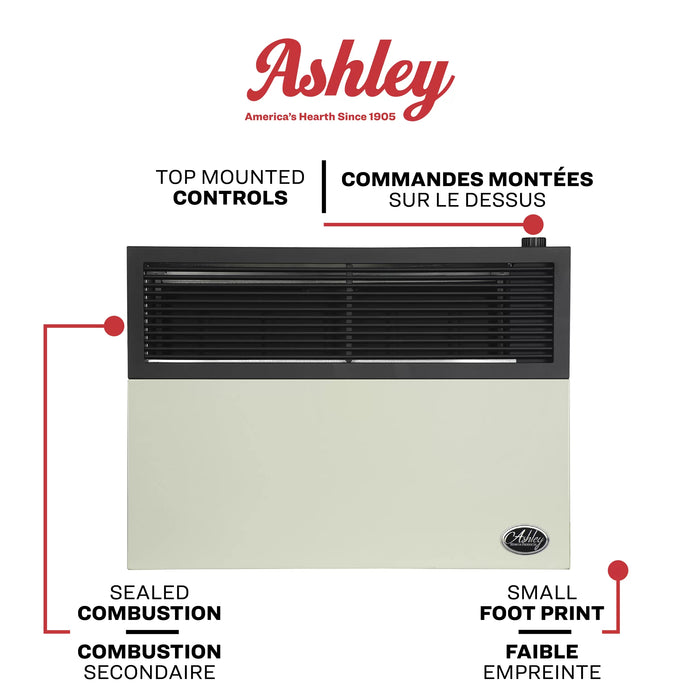 Ashley Hearth DVAG17N 17,000 BTU direct vent natural gas wall heater feature overview: matchless igniter, top mounted temperature control, sealed combustion system and included venting kit