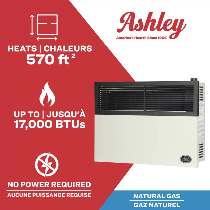 Ashley Hearth DVAG17N 17,000 BTU direct vent natural gas wall heater — heats up to 570 sq ft, no electricity required
