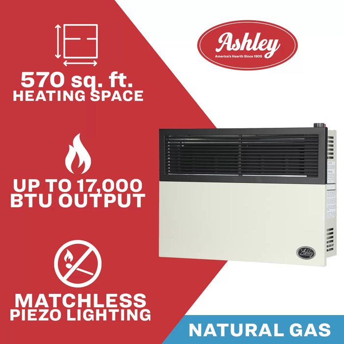 Ashley Hearth DVAG17N 17,000 BTU direct vent natural gas wall heater — heats up to 570 sq ft, no electricity required