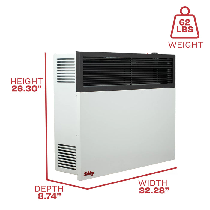 Ashley Hearth DVAG25-DF 25,000 BTU direct vent dual fuel wall heater dimension diagram showing 26.30 in height, 32.28 in width and 8.74 in depth
