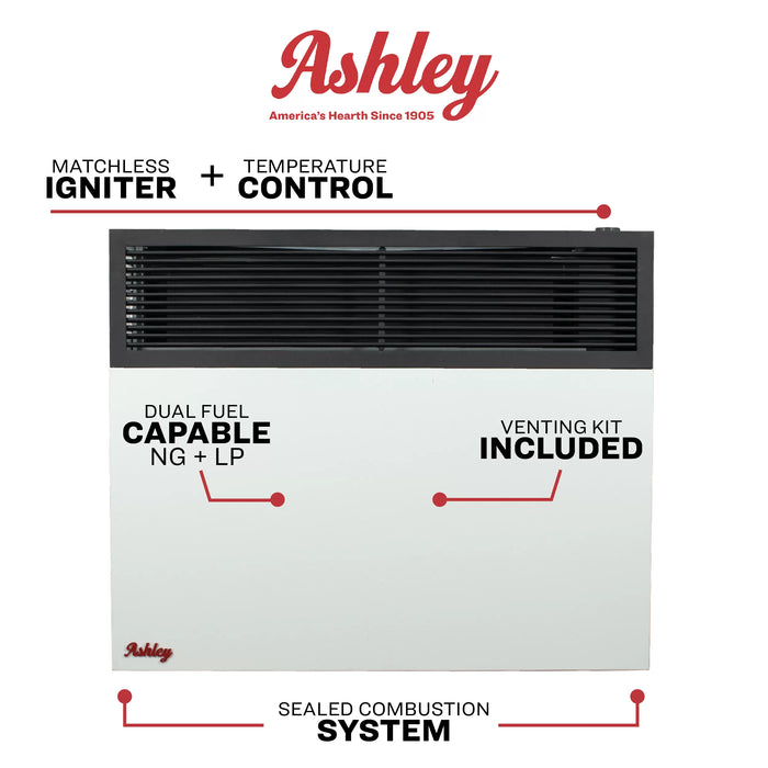 Ashley Hearth DVAG25-DF 25,000 BTU direct vent dual fuel wall heater feature overview: matchless igniter, top mounted temperature control, sealed combustion system and included venting kit