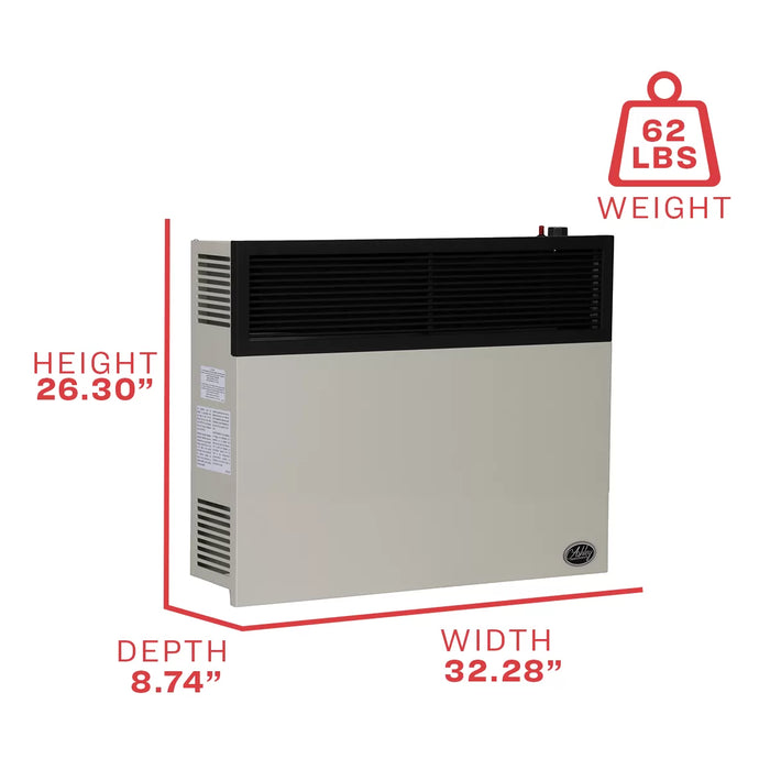 Ashley Hearth DVAG30L 25,000 BTU direct vent propane wall heater dimension diagram showing 26.30 in height, 32.28 in width and 8.74 in depth
