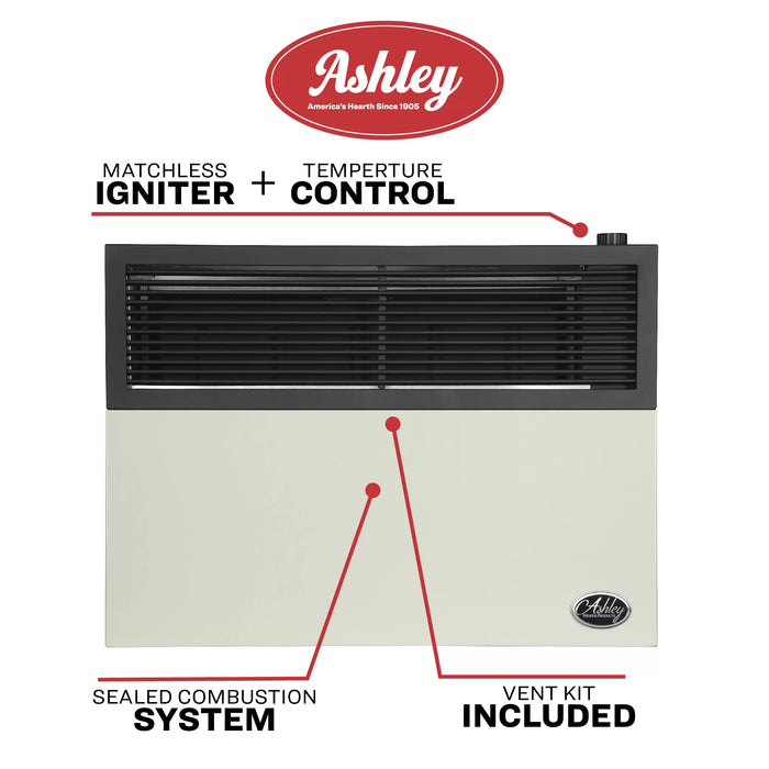Ashley Hearth DVAG30L 25,000 BTU direct vent propane wall heater feature overview: matchless igniter, top mounted temperature control, sealed combustion system and included venting kit