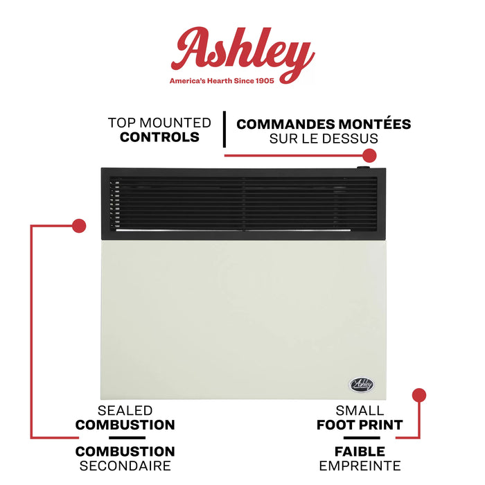 Ashley Hearth DVAG30N 25,000 BTU direct vent natural gas wall heater feature overview: matchless igniter, top mounted temperature control, sealed combustion system and included venting kit