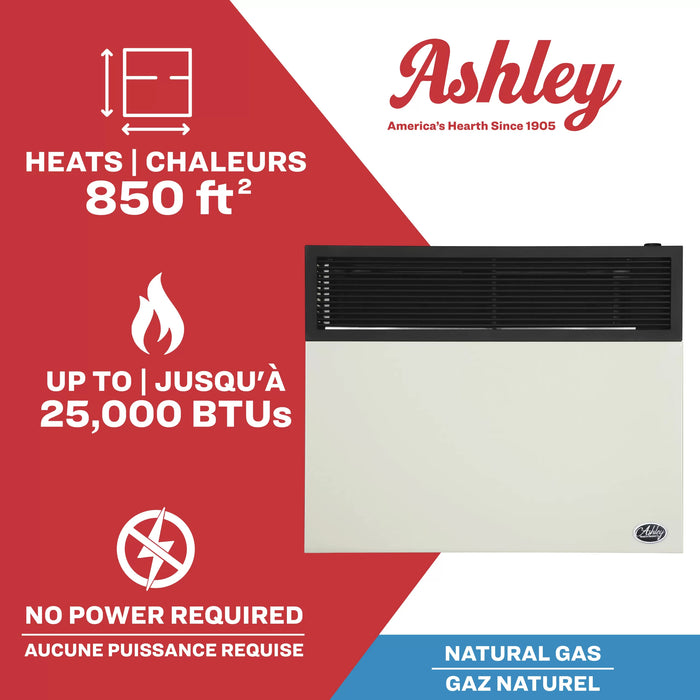 Ashley Hearth DVAG30N 25,000 BTU direct vent natural gas wall heater — heats up to 850 sq ft, no electricity required