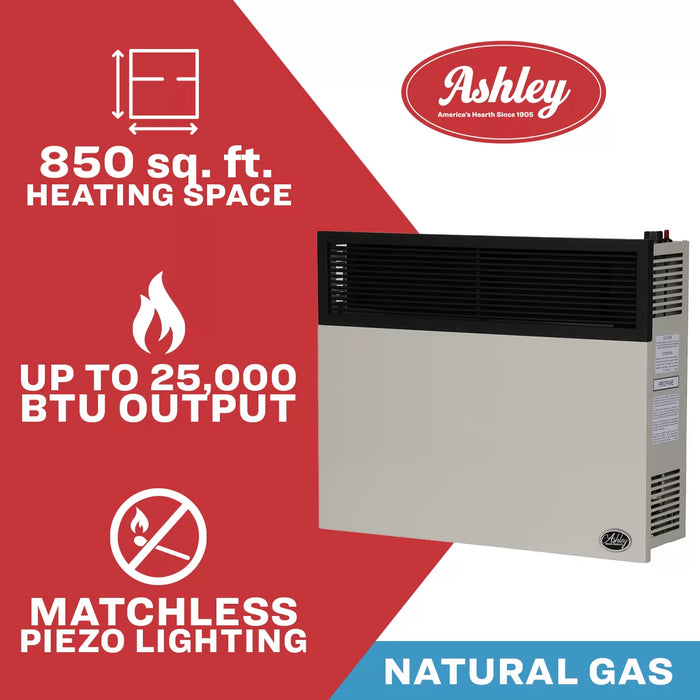 Ashley Hearth DVAG30N 25,000 BTU direct vent natural gas wall heater — heats up to 850 sq ft, no electricity required
