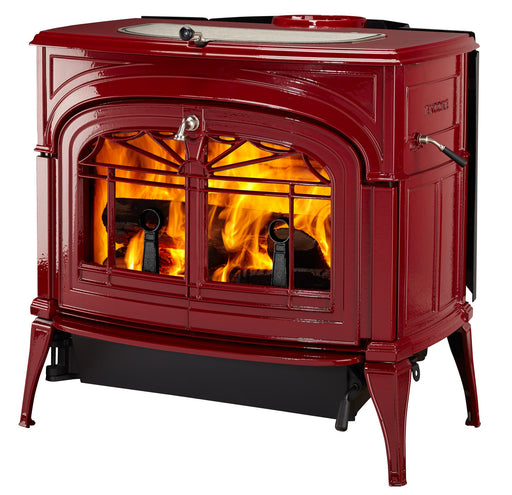 Vermont Castings Encore wood stove in Bordeaux enamel, angled view